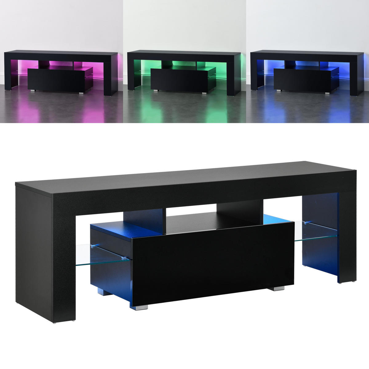 TV-ELEMENT Grimsey - Schwarz Hochglanz, Glas/Holzwerkstoff (130/45/35cm) - [en.casa]