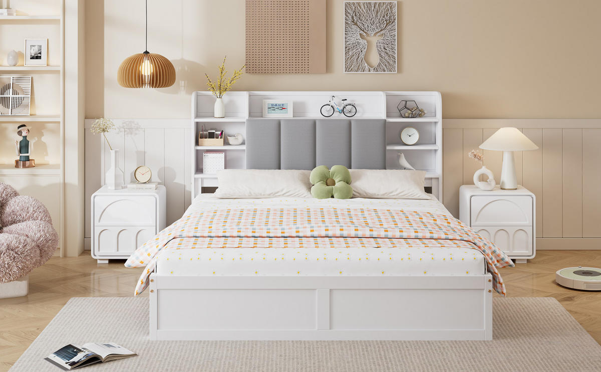 BETT 160x200 cm Schubladen Regal weiß - Weiß, Holz (160/200cm) - LEBENLANG