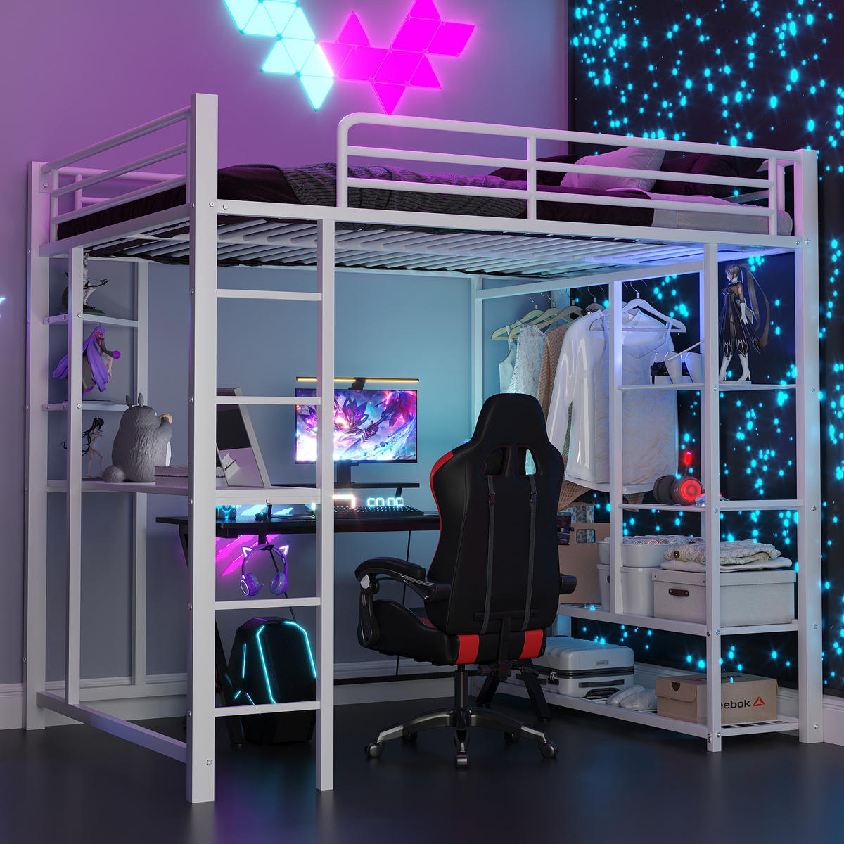 HOCHBETT 140/200 cm weiß aus Metall mit Schreibtisch und Kleiderstange - Weiß, Metall (140/200cm) - OKWISH