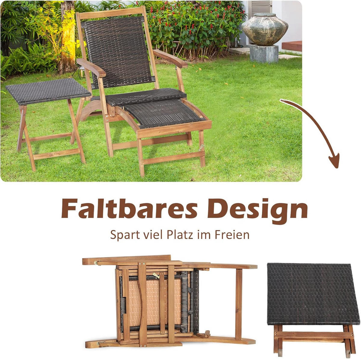 LEHÁTKO s opierkou na nohy + odkladací stolík, hnedé - hnedá, prírodné materiály (135/81/61cm) - COSTWAY