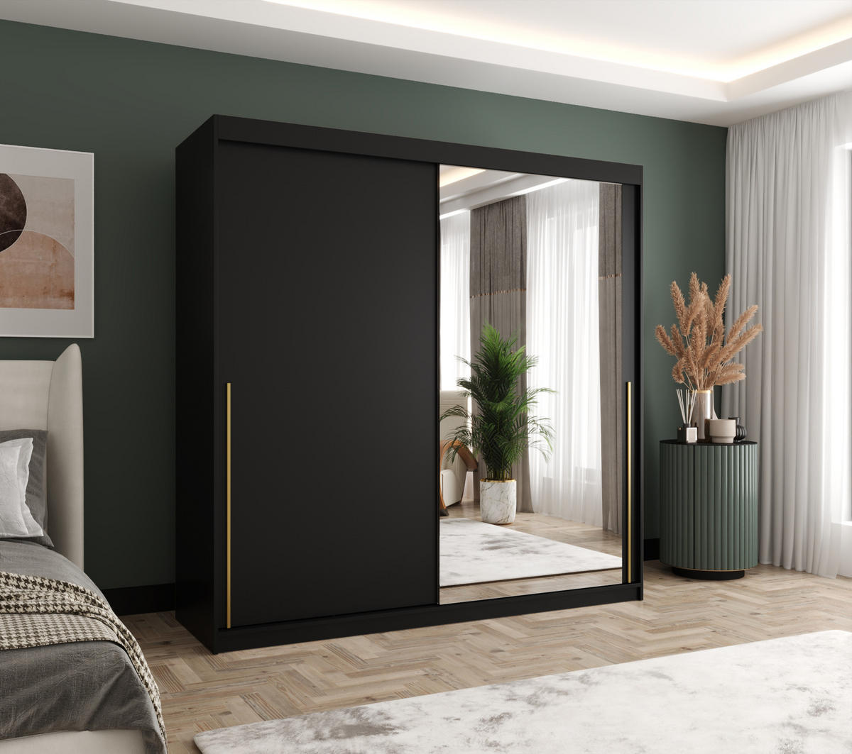 SCHIEBETÜRENSCHRANK mit Spiegel 200 cm Breite, schwarz mit goldenem Griff - Goldfarben/Schwarz, Holzwerkstoff (250/200/62cm) - Home Collective
