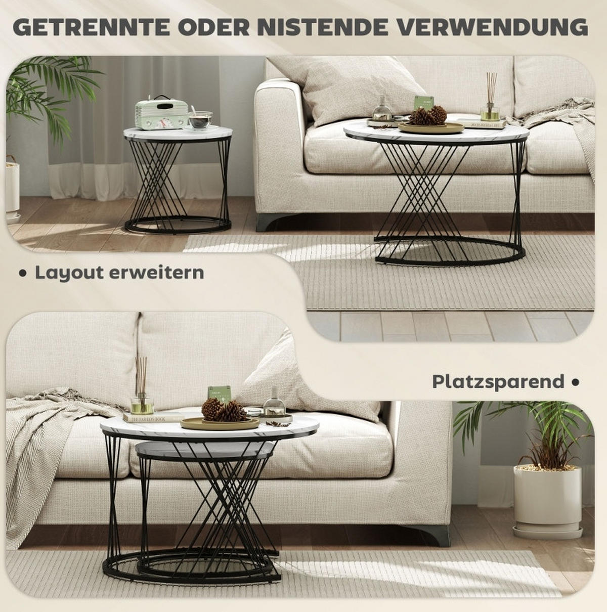 COUCHTISCH-SET aus Spanplatte 70x70x46 cm und Metall in Weiß, rund, ineinanderstellbar - Weiß, Holz (70/70/46.5cm) - IVMEU