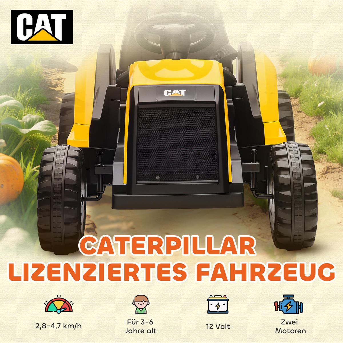 ELEKTRISCHER Traktor Offiziell CAT-lizenziert 12 V Aufsitztraktor mit Musik - Gelb, Kunststoff (100/63/56cm) - AIYAPLAY