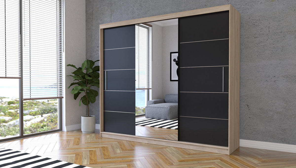 SCHIEBETÜRENSCHRANK - ELBA I Sonoma + Schwarz - Schwarz/Sonoma Eiche, Holzwerkstoff/Metall (250/218/61cm) - Möblo