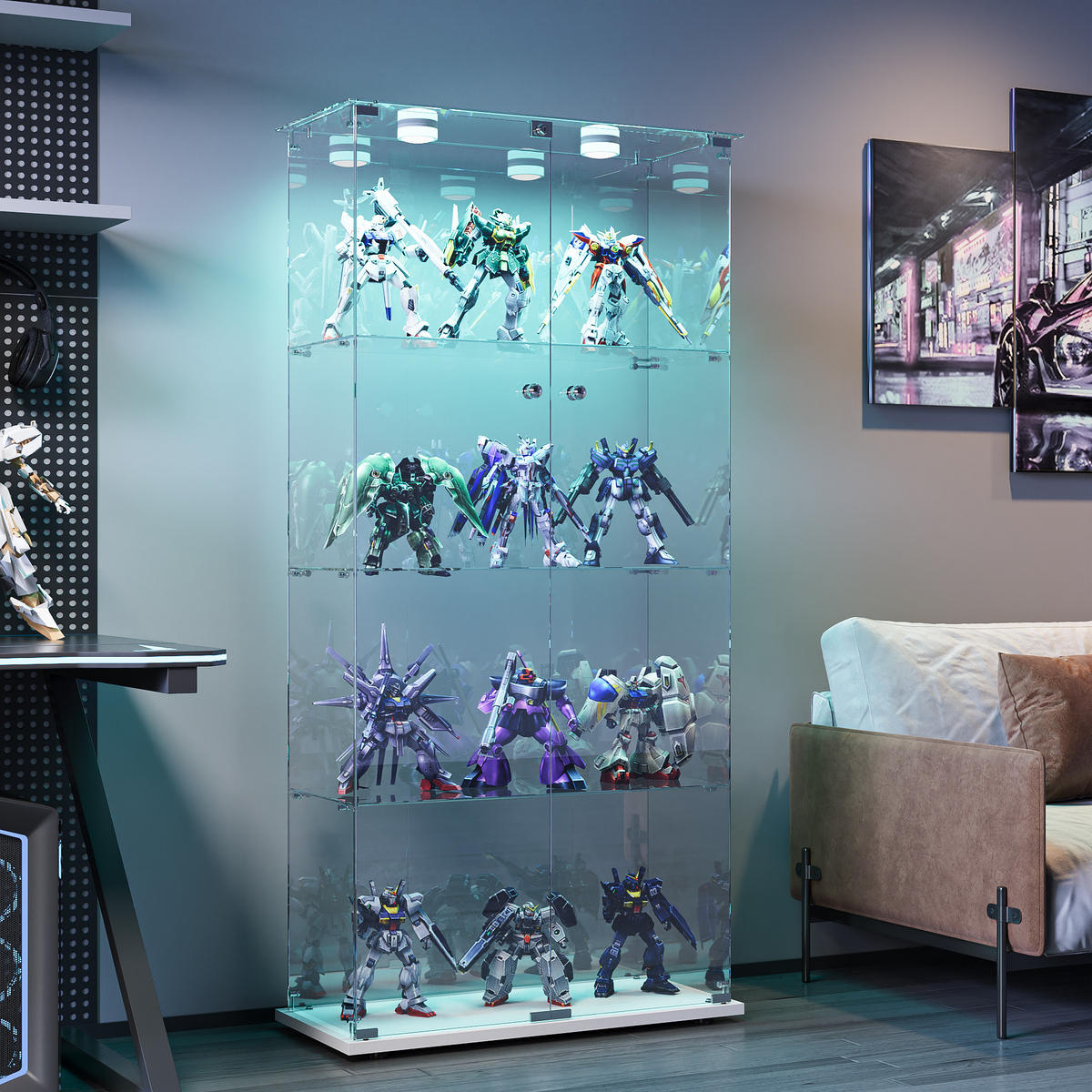 GLASVITRINE, 4 Glasböden, Doppeltür mit Schloss, Touch-LED, weiß - Weiß, Glas (78.5/163/35cm) - BRILVERDE