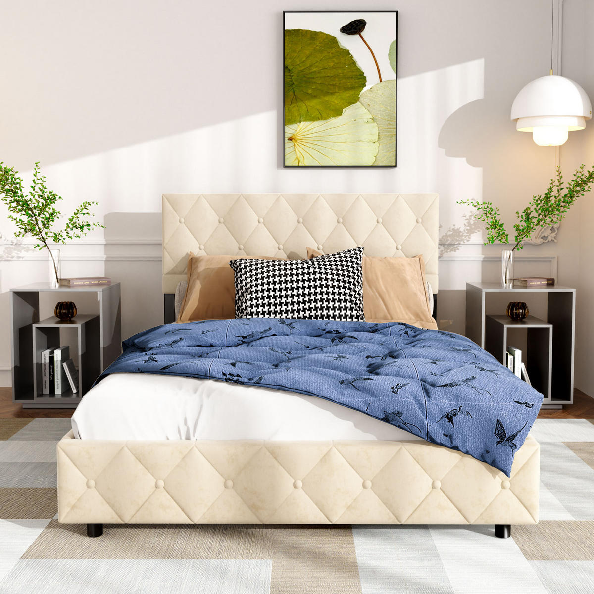 POLSTERBETT 140/200 cm in Beige Samt mit Bettkasten, hydraulischem Doppelhub-System und Lattenrost - Beige, Holzwerkstoff/Textil (140/200cm) - CHICFURN