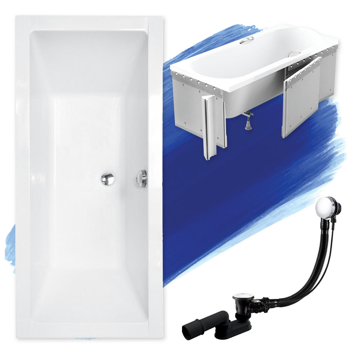 BADEWANNE Rechteck QUADRO 170/75 mit Styro Ablauf Füße - Weiß, Kunststoff (75/55.5/170cm) - bad land