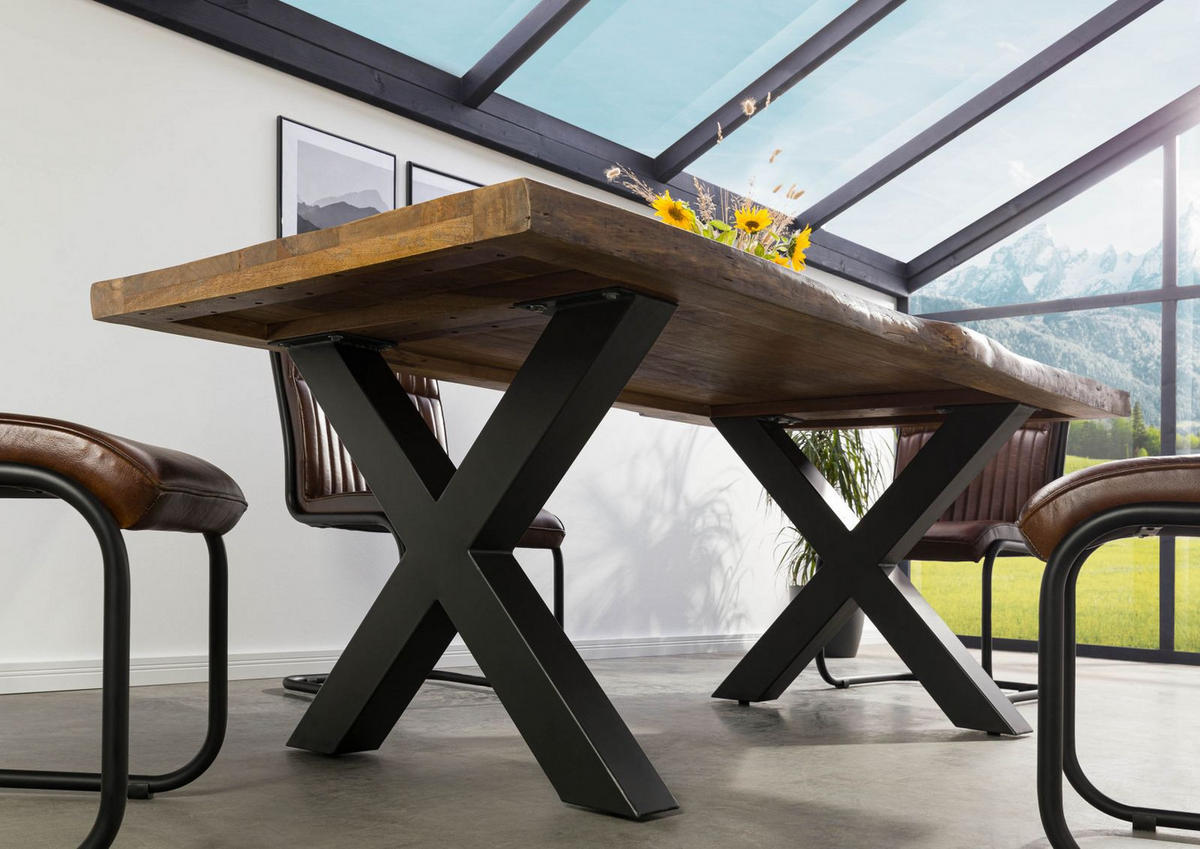 BAUMTISCH Mango 240x100x77 natur lackiert / X-Beine anthrazit matt FREEFORM 5 - Braun, Holz (100/240/77cm) - Massivmoebel24