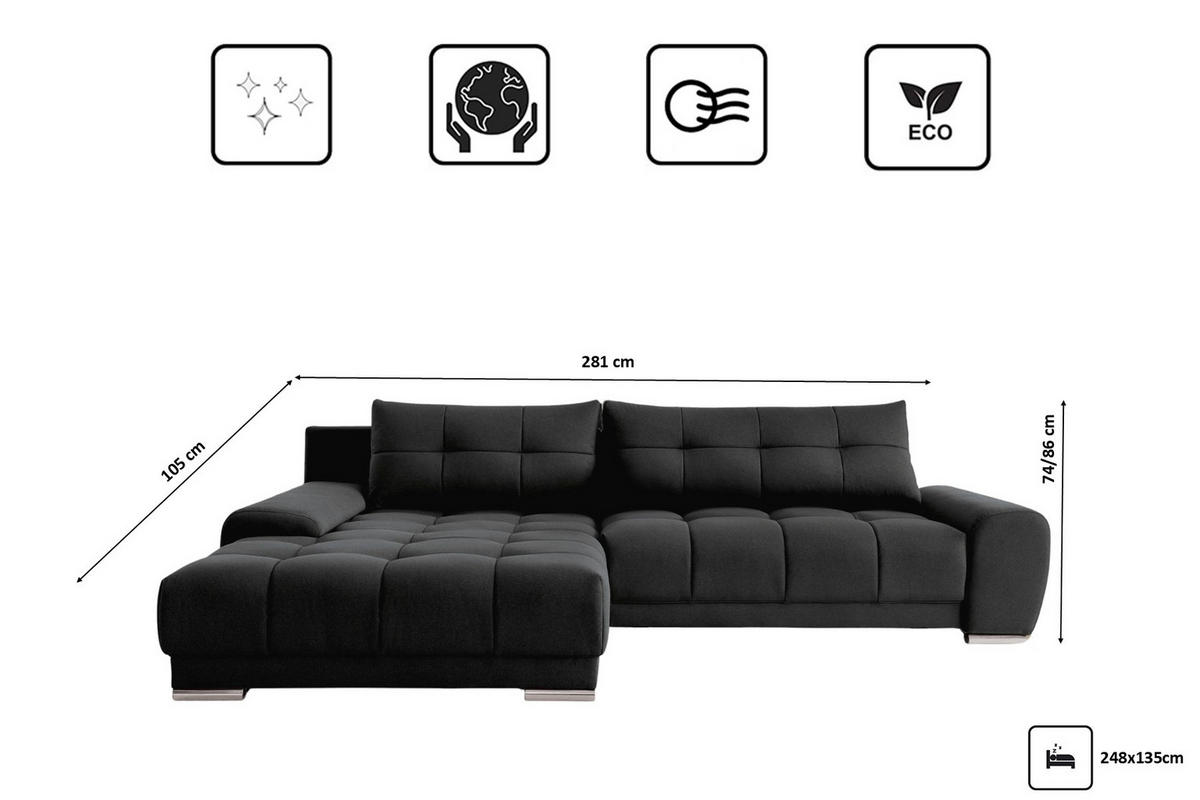 ECKSOFA WAVE Mit Schlaffunktion, Stoff SORO, Schwarz Links - Schwarz, Holz (105/281cm) - Kaiser Möbel