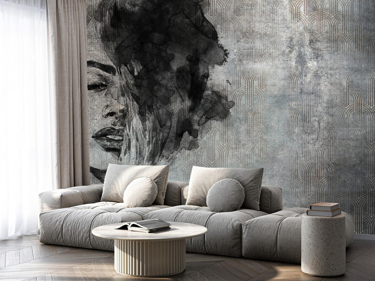 FOTOTAPETE für Wohnzimmer Abstrakte Frau Porträt Beton Ornament 150x105 - Grau, Papier (150/105cm) - Muralo