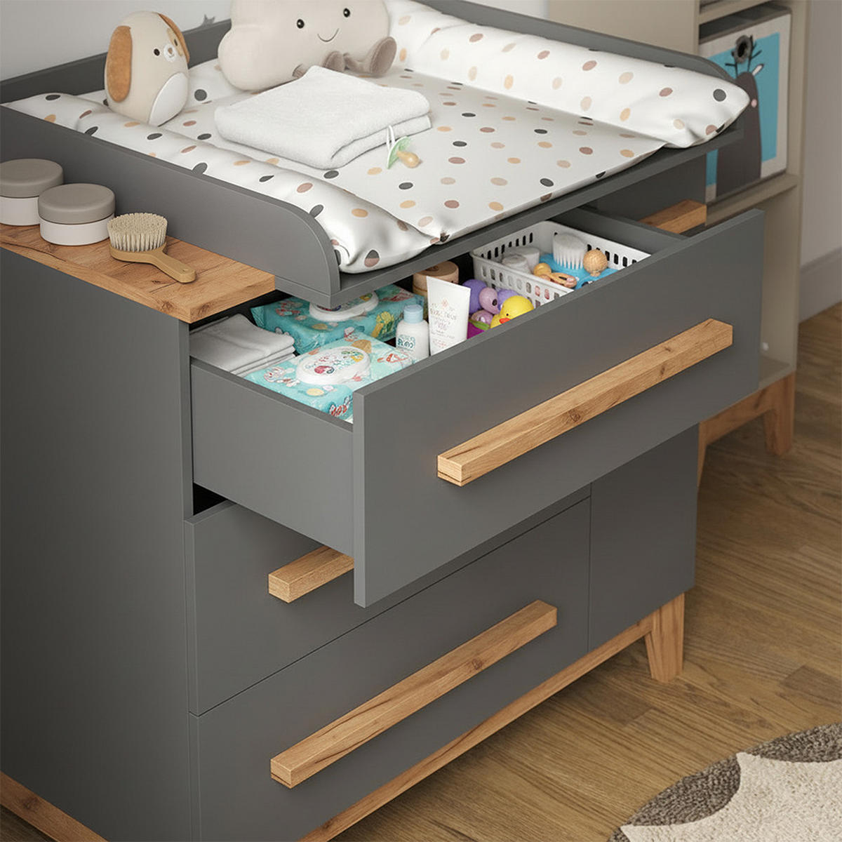 WICKELKOMMODE Malia Grau 98 x 98 cm mit 1 Tür & 3 Schubladen - Hellgrau/Grau, Holzwerkstoff (98/98/52cm) - VitaliSpa