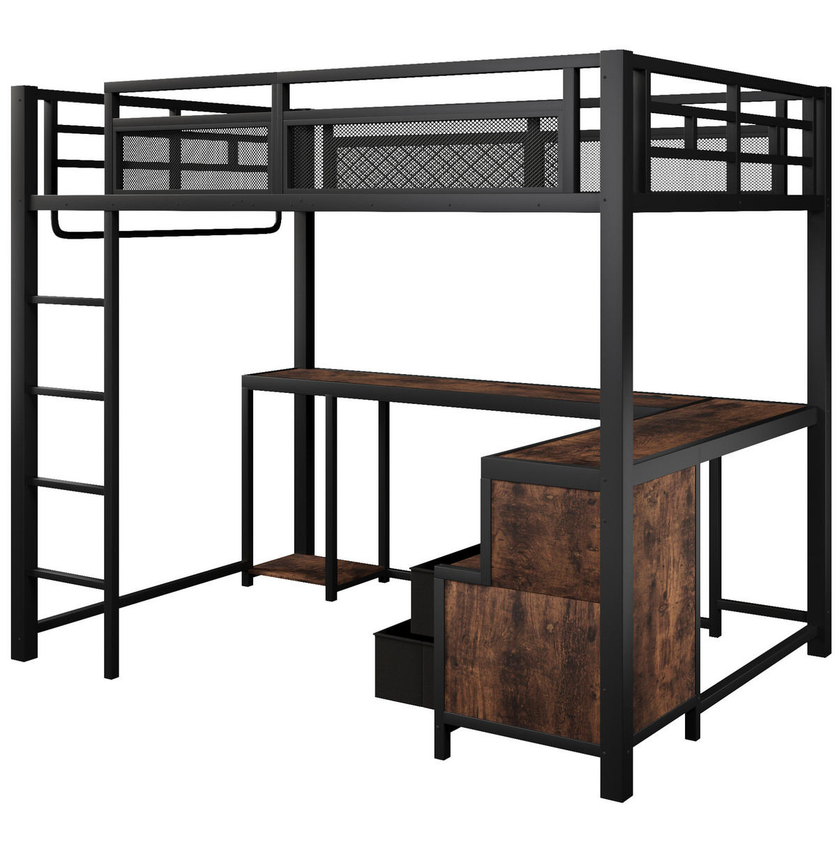 HOCHBETT 140x200 cm in Schwarz mit Schreibtisch, LED-Beleuchtung und USB-Ladestation - Schwarz, Metall (140/200cm) - IVMEU