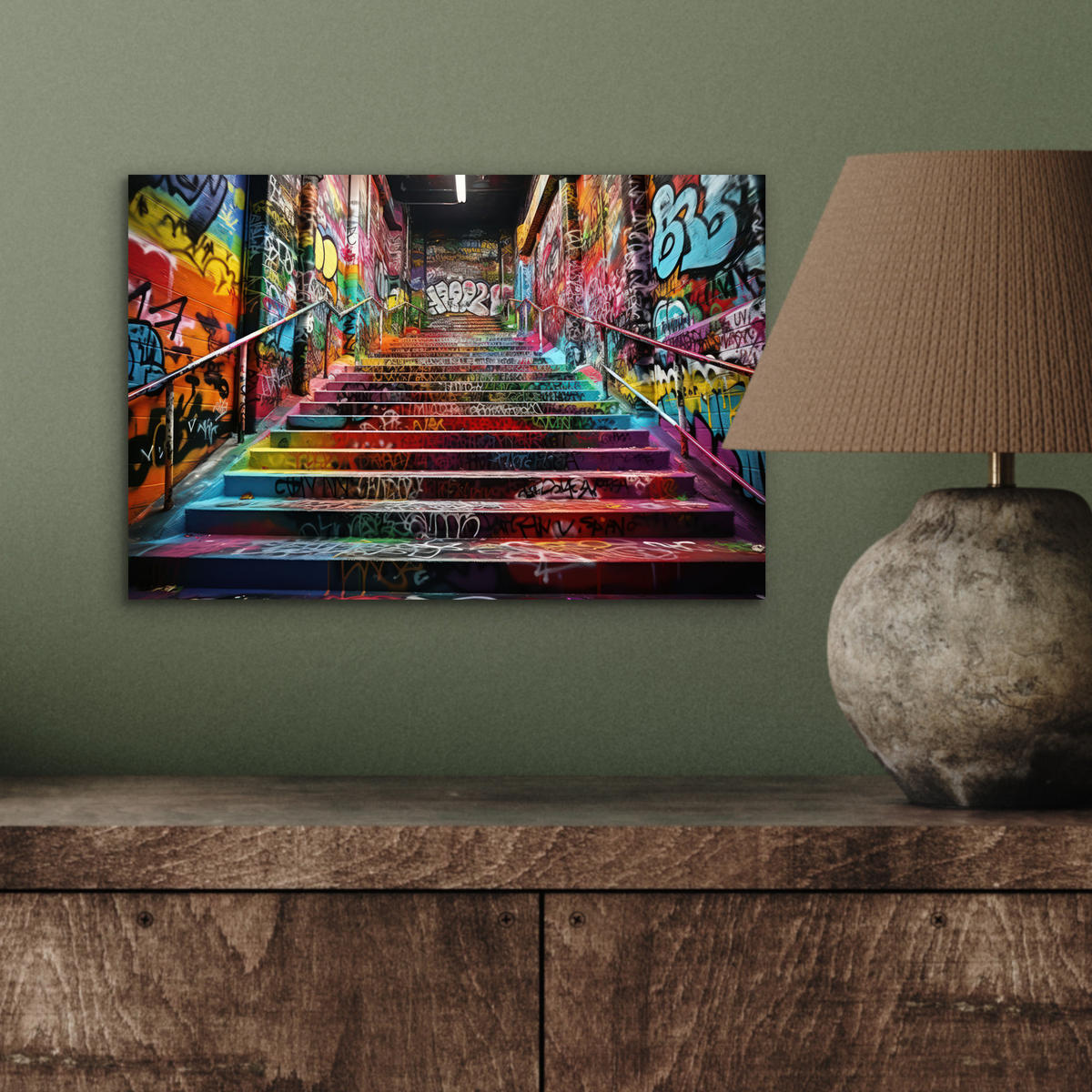 KOVOVÝ OBRAZ Schody - Graffiti - Farby - Umenie 30x20 cm - viacfarebná, kov (30/20cm) - MuchoWow
