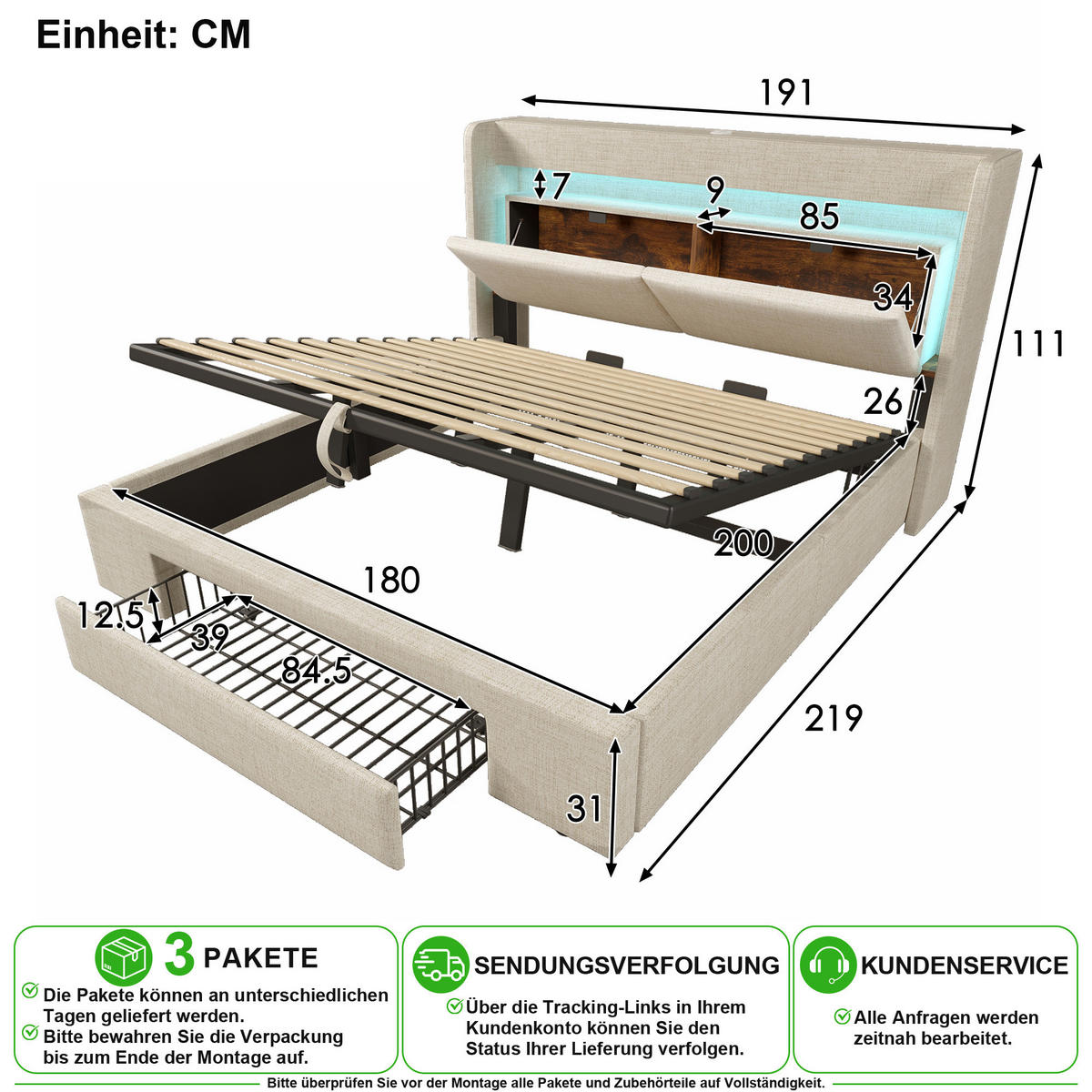 POLSTERBETT 180/200 cm in Beige Leinen mit Bettkasten, Schublade, LED und USB - Beige, Holzwerkstoff/Textil (180/200cm) - CHICFURN