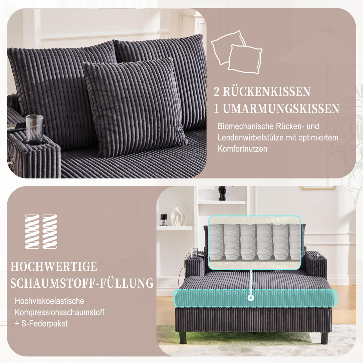 SCHLAFSOFA,SCHLAFCOUCH Grau, Cordbezug mit Beleuchtung&USB und Getränkehalter - Grau, Textil (142/85/128cm) - PARAFTA HOME