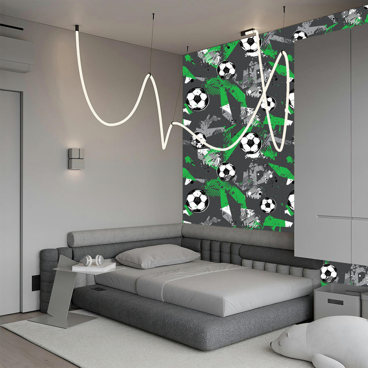 VLIESTAPETE Abstraktes Fußball-Graffiti – Grün, Grau, Schwarz – 50x1000 cm - Schwarz/Grau, Papier (50/1000cm) - Muralo