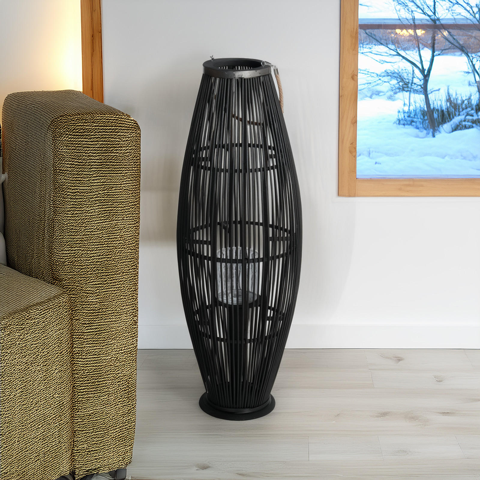 LATERNE Zya 95 Bambus, mit Henkel und Glaseinsatz schwarz - Schwarz, Holz (35/95/35cm) - CREEDWOOD