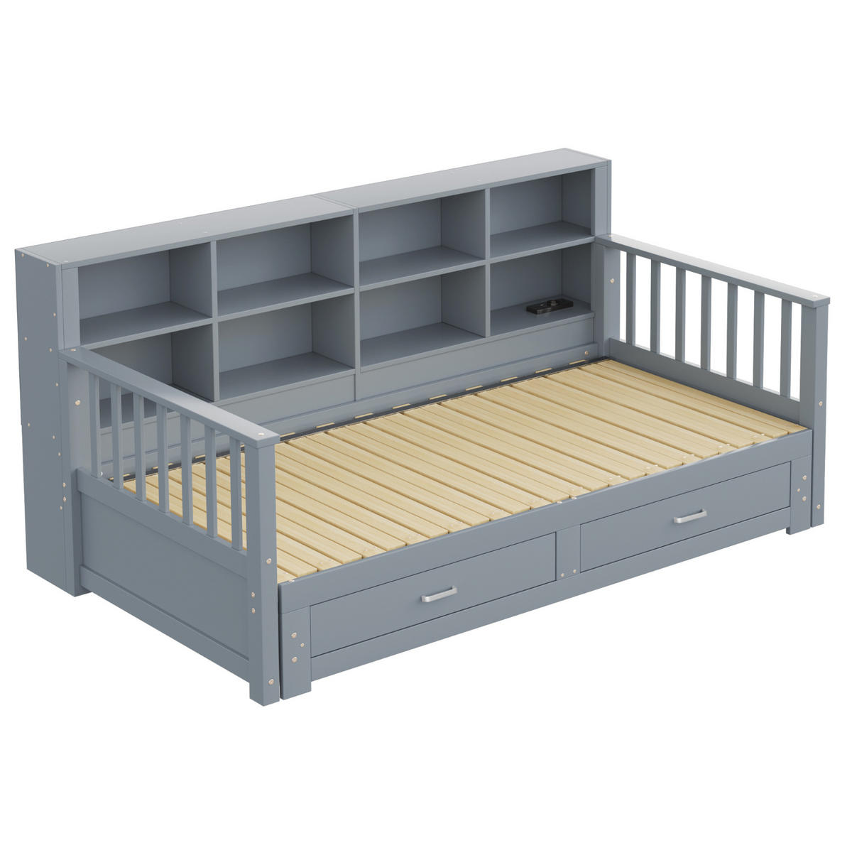 BETT aus Kiefer 90x190/180x190 cm Grau mit Ausziehfunktion, Stauraum, Steckdose und 2 Schubladen - Grau, Holzwerkstoff (90/190cm) - Modfu
