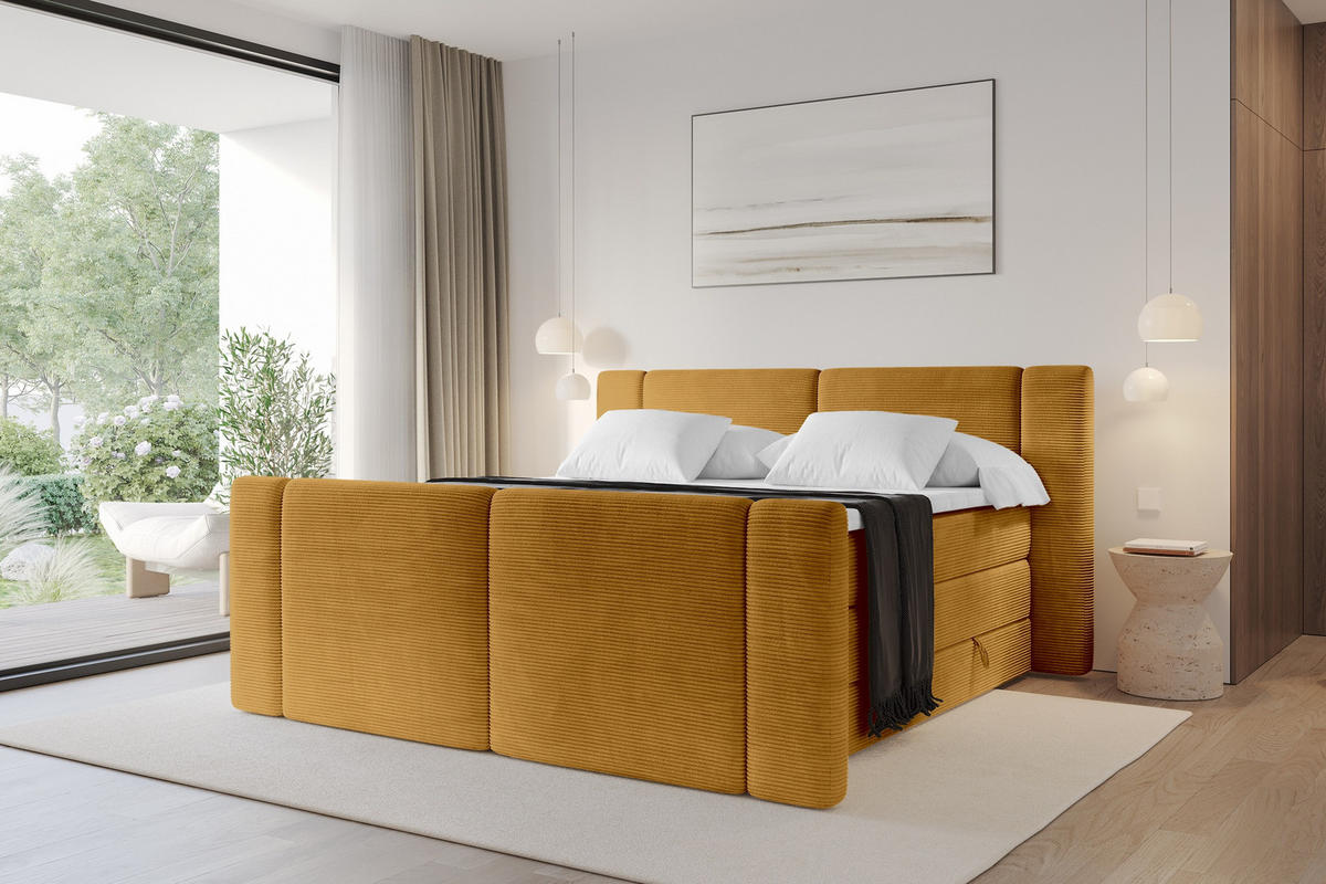 BOXSPRINGBETT mit Matratze H3/H4 - EVON KING Zanozek - 140x200 cm Senfgelb - Dunkelgelb, Holzwerkstoff (140/200cm) - ALTDECOR