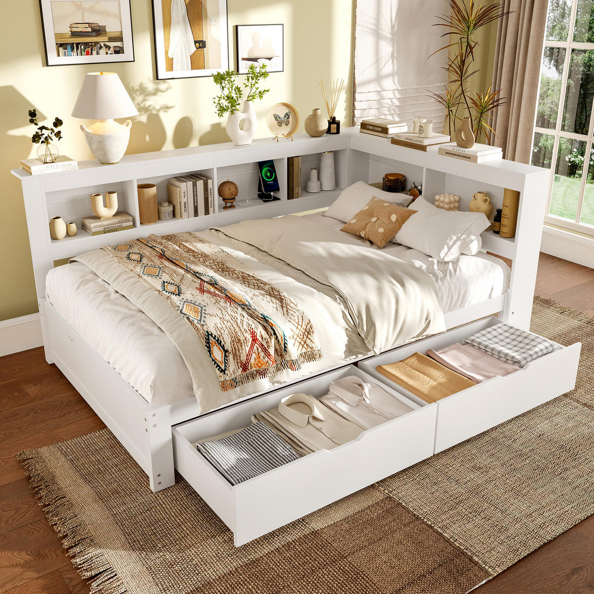 POLSTERBETT aus MDF und Kiefernholz 140x200 cm in Weiß mit 2 Schubladen & USB - Weiß, Holz (140/200cm) - Modfu