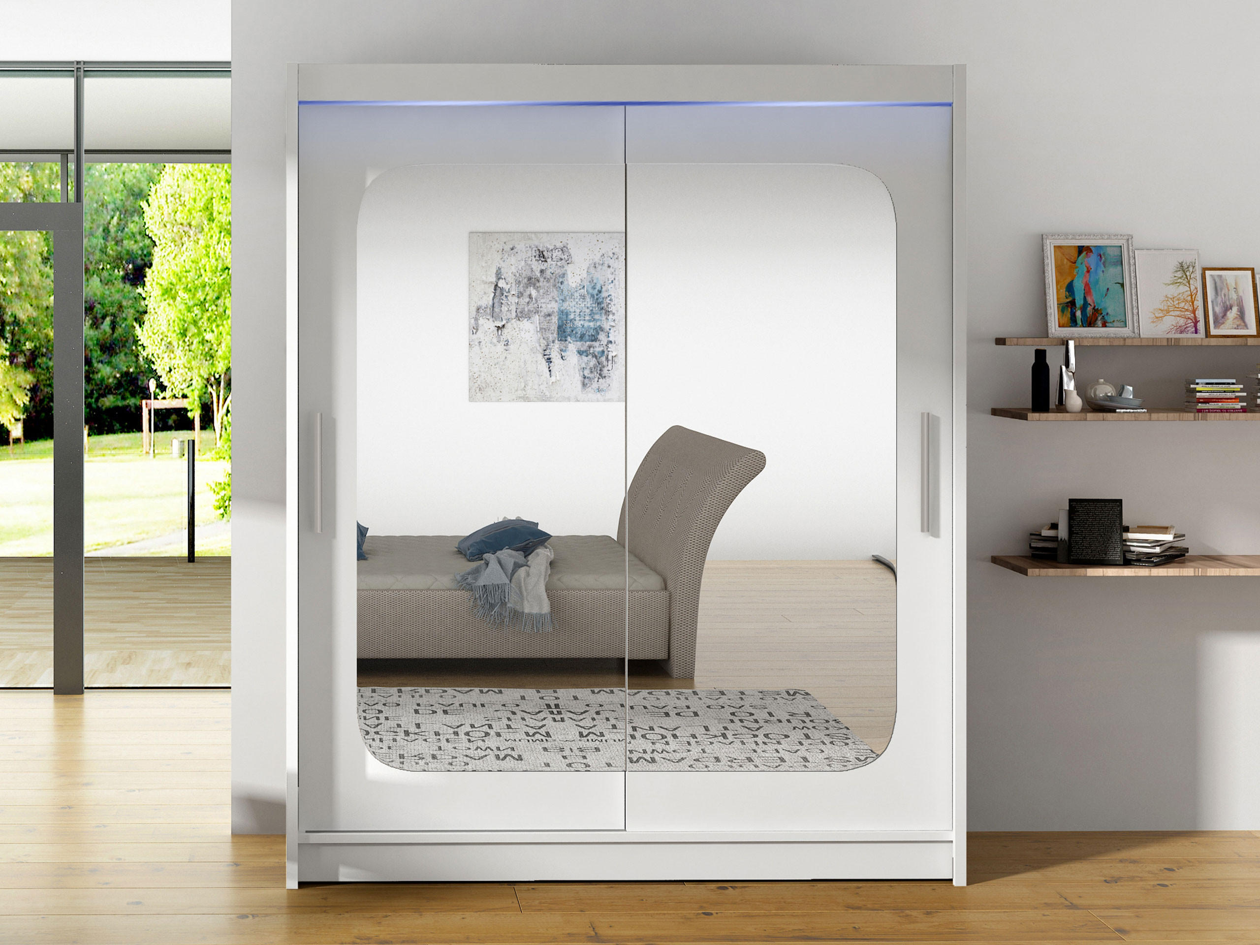 SCHWEBETÜRENSCHRANK Westa XII, mit RGB LED Beleuchtung - Silberfarben/Weiß, Holzwerkstoff/Metall (150/200/58cm) - MIRJAN24