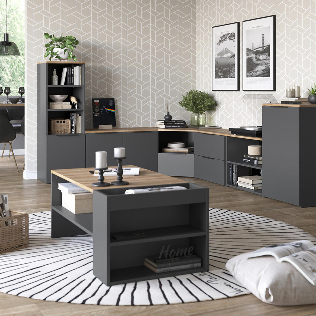 WOHNWAND Wido Anthrazit/Sonoma 3 Teile - Anthrazit/Sonoma Eiche, Holzwerkstoff (68/50/68cm) - Vicco