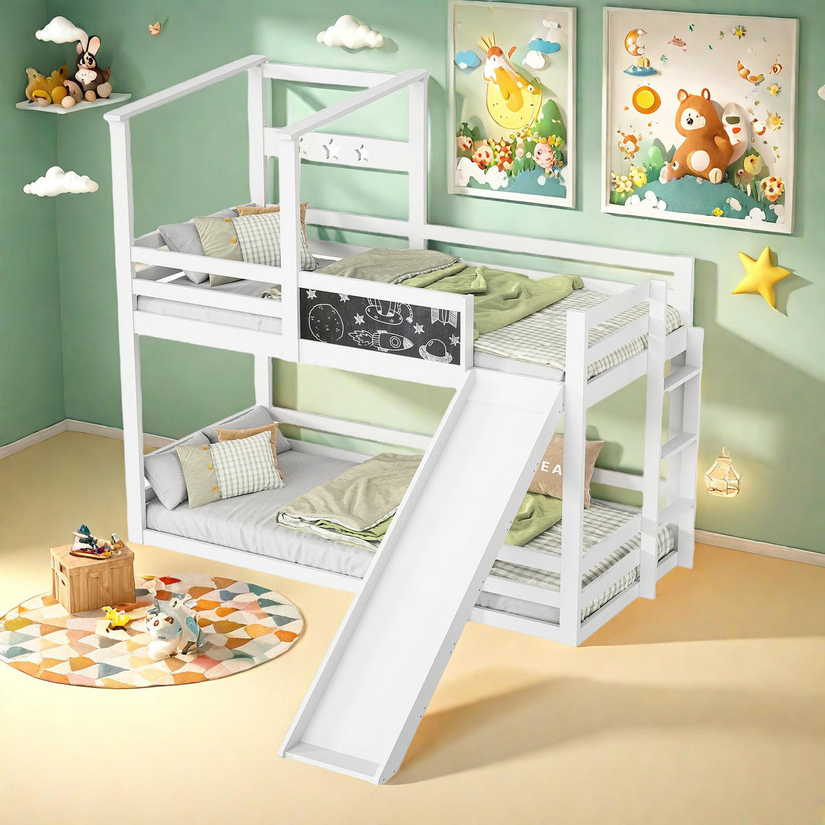 ETAGENBETT 90x200 Cm Mit Rutsche, Regal & Leiter Weiß Für Kinder - Weiß, Holz