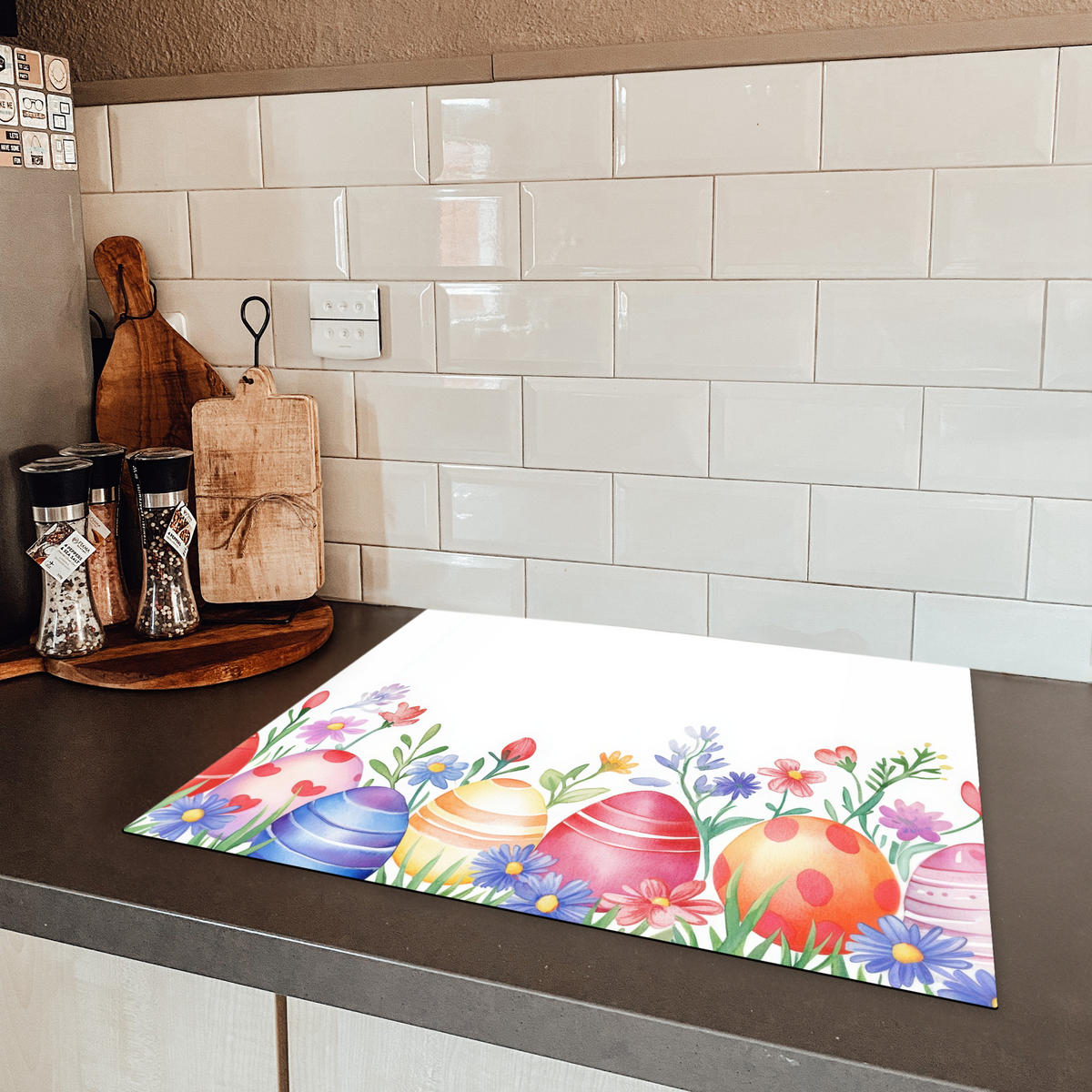 HERDABDECKPLATTE Blumengarten - Bunt - Eier Herdabdeckung Induktionsfeld 65x52 cm - Weiß, Kunststoff (65/52/0.2cm) - MuchoWow