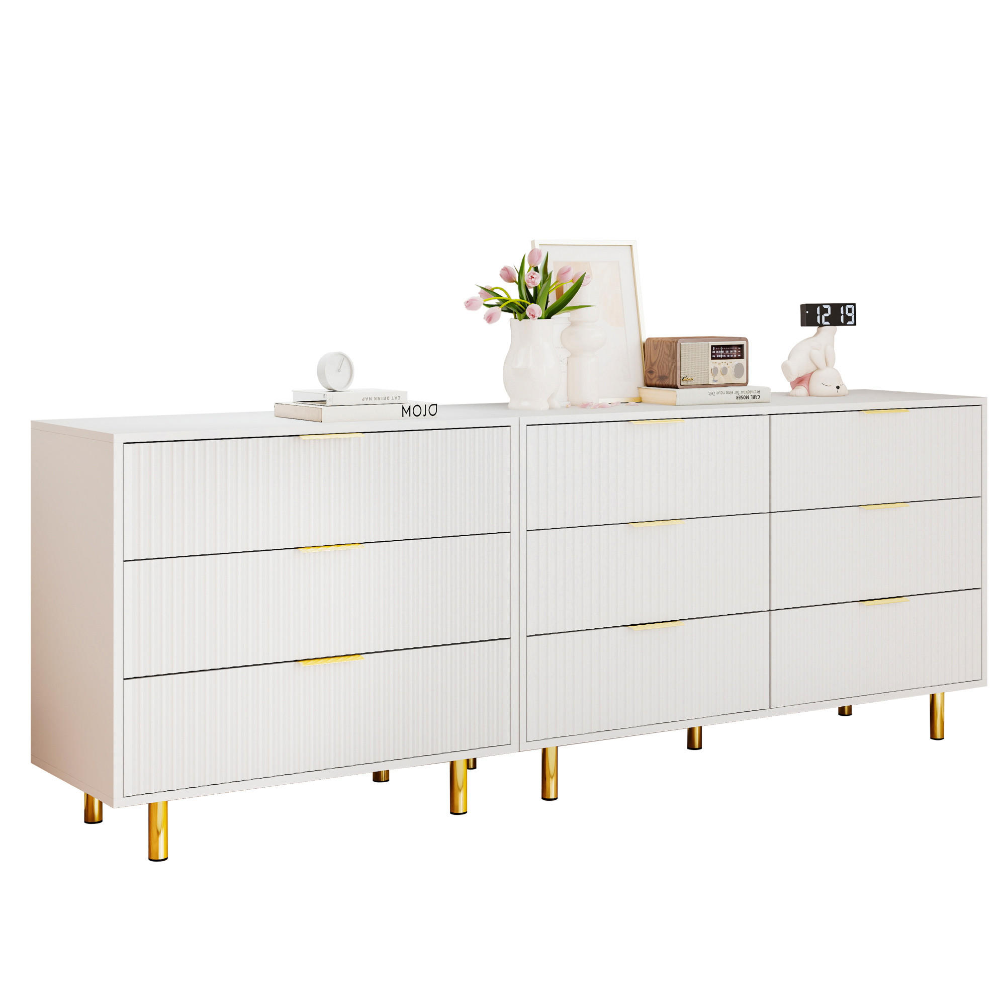 KOMMODEN-SIDEBOARD 200/40/72 cm mit 9 Schubladen in Weiß und Gold - Weiß, Holzwerkstoff (200/72/40cm) - BEAOK