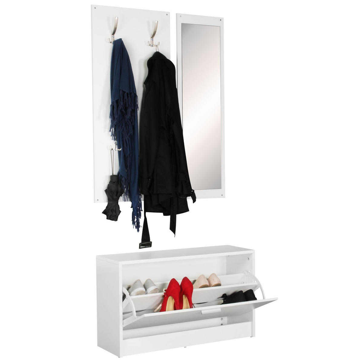 WANDGARDEROBE mit Spiegel, 10 Haken und Platz für 8 Paar Schuhe DELFT, Weiß 80x27x180 cm - Weiß, Holz (80/180/27cm) - KADIMA DESIGN
