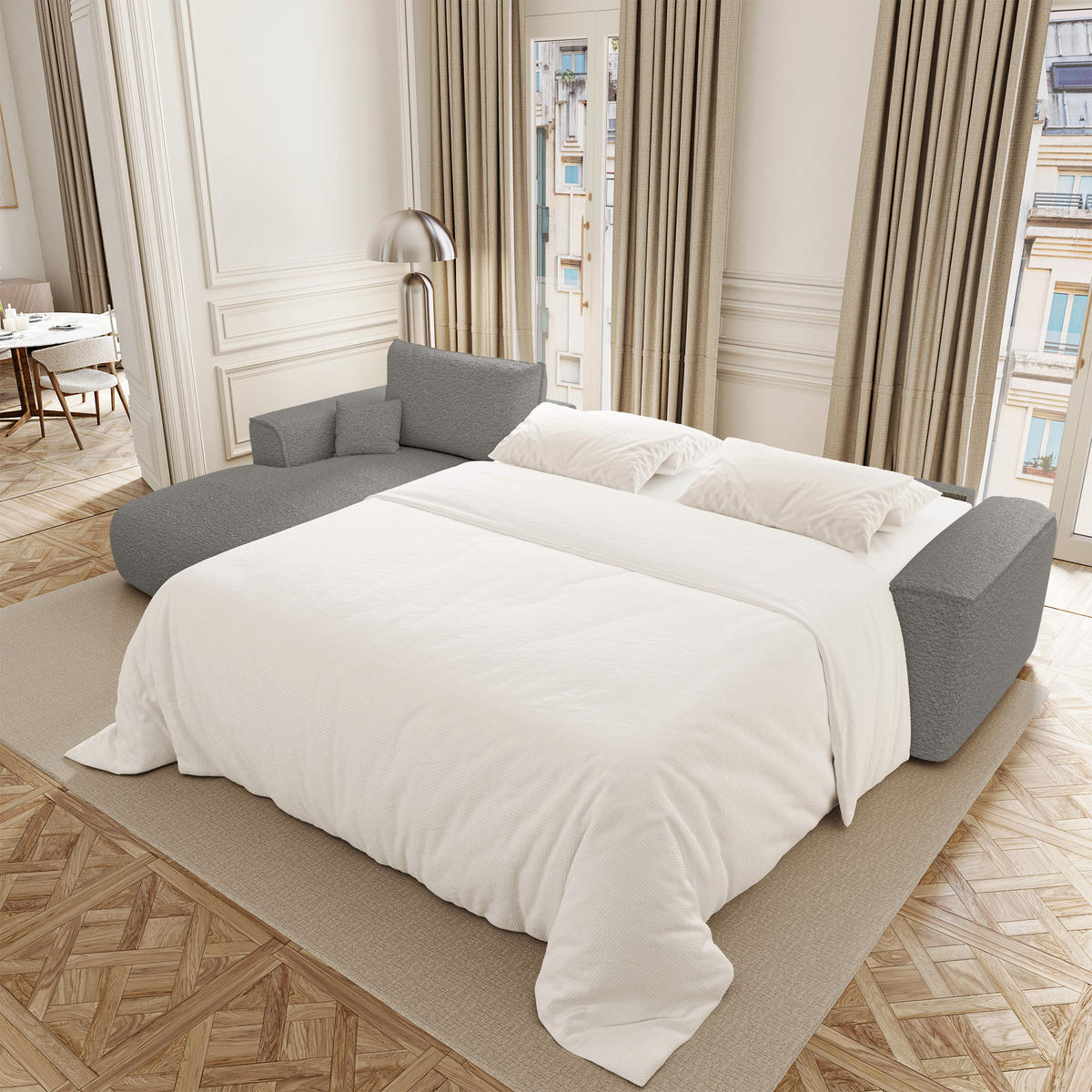 SCHLAFSOFA Express COMO Bouclé-Stoff Graphitgrau 300cm - Dunkelgrau/Graphitfarben, Textil (300/165cm) - Premium Interiors