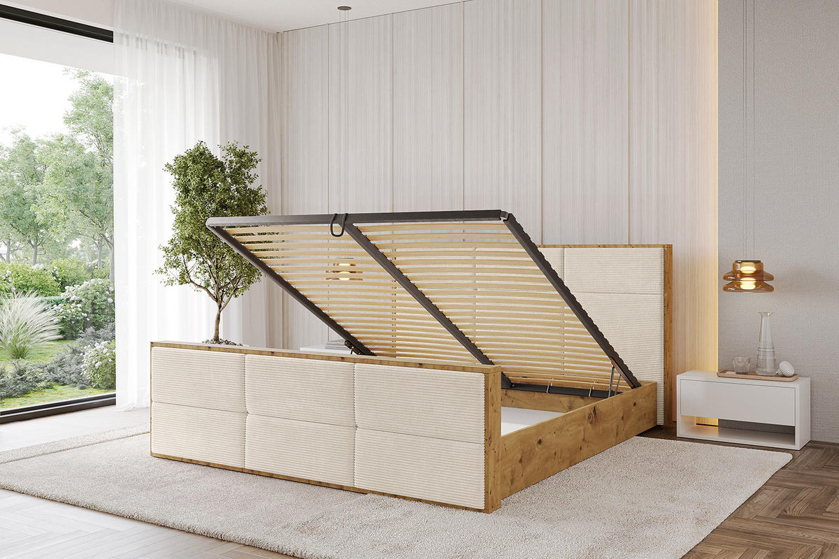 POLSTERBETT mit Bettkasten, Fußteil und Lattenrost, Boxbett mit Matratze H3/H4 - ENZO1-Z 120x200 Beige - Creme, Holzwerkstoff/Textil (120/200cm) - ALTDECOR