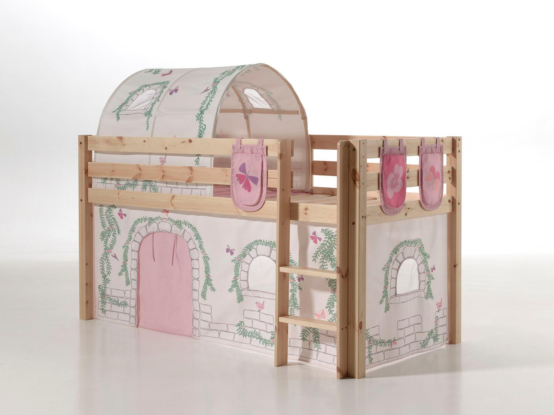 KINDERBETT Karolina 210x114x106 Massivholz Natur Textilset Burg 4 - Hellgrau/Kieferfarben, Holz (90/200cm) - 58aufmkessel