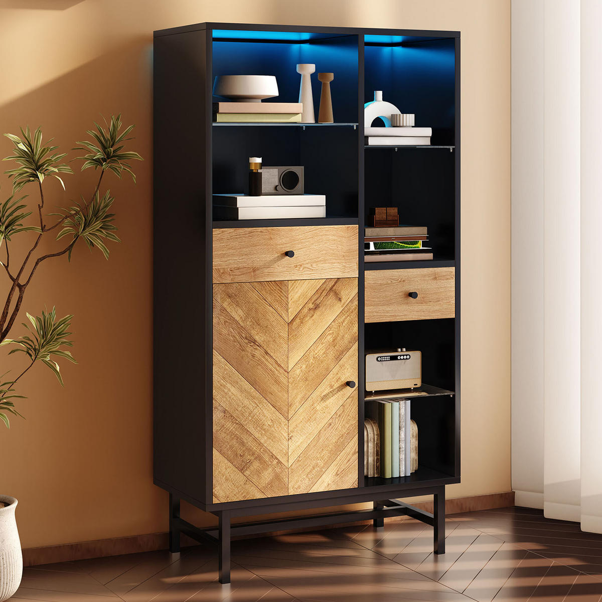 HIGHBOARD Schwarz und Holzoptik 80/40/150,5 cm - Schwarz, Holzwerkstoff (40/150.5/80cm) - Urban Meuble