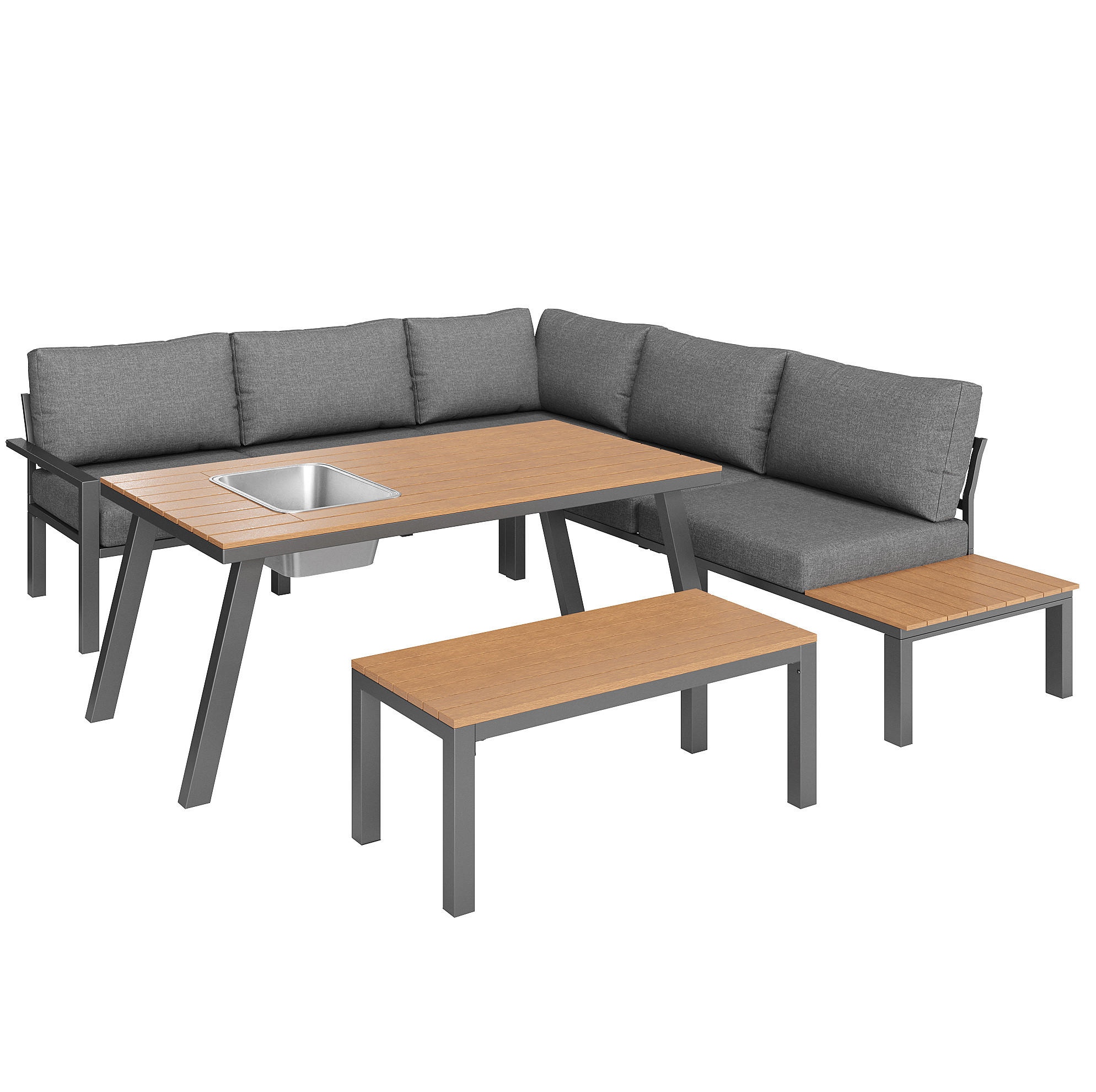 GARTENMÖBEL 147x60x65cm grau aus Metall und Plastik, mit Kissen - Grau, Metall - Modfu