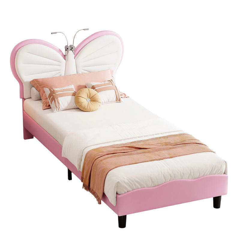 POLSTERBETT 90x190cm rosa/weiß Schmetterling, Leselampe, stabil - Pink, Holz