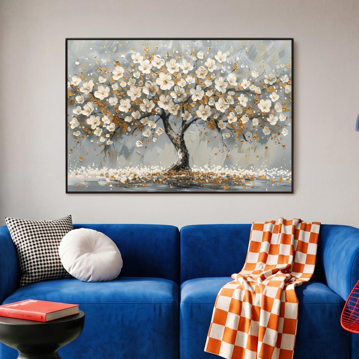 LEINWAND Bilder mit Rahmen - Baum - Blumen - Weiß - Natur - Kunst - 90x60 - Weiß, Textil (90/60cm) - MuchoWow