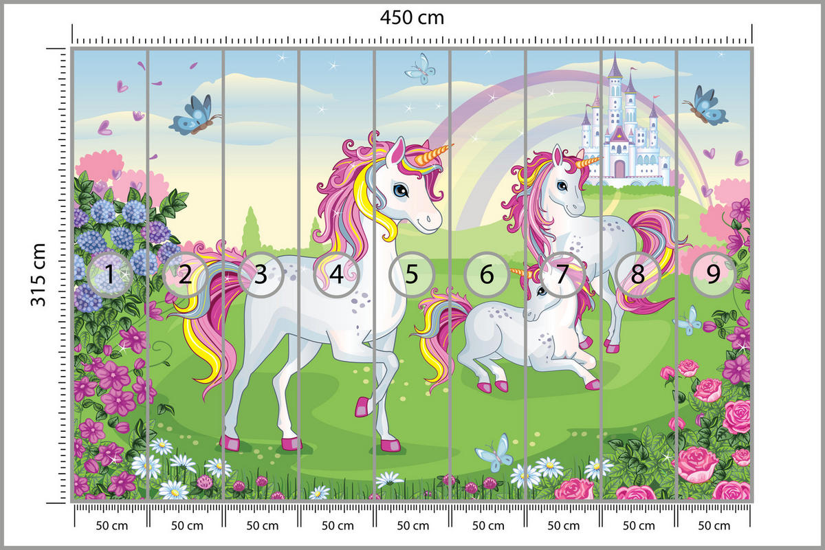 FOTOTAPETE für Kinderzimmer Einhorn Schloss Blumen Märchen 450x315 - Gelb/Violett, Papier (450/315cm) - Muralo