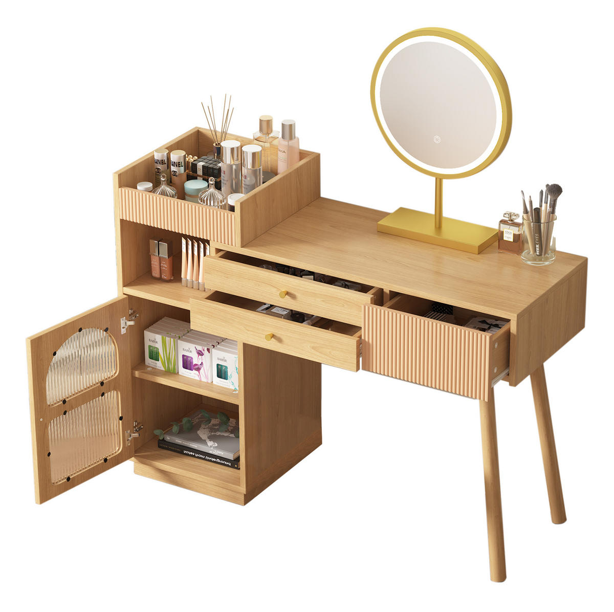SCHMINKTISCH 120/40/90 cm mit LED-Spiegel, 3-farbiger Beleuchtung und Seitenschrank, Natur - Naturfarben, Holzwerkstoff (90/40/120cm) - Redom