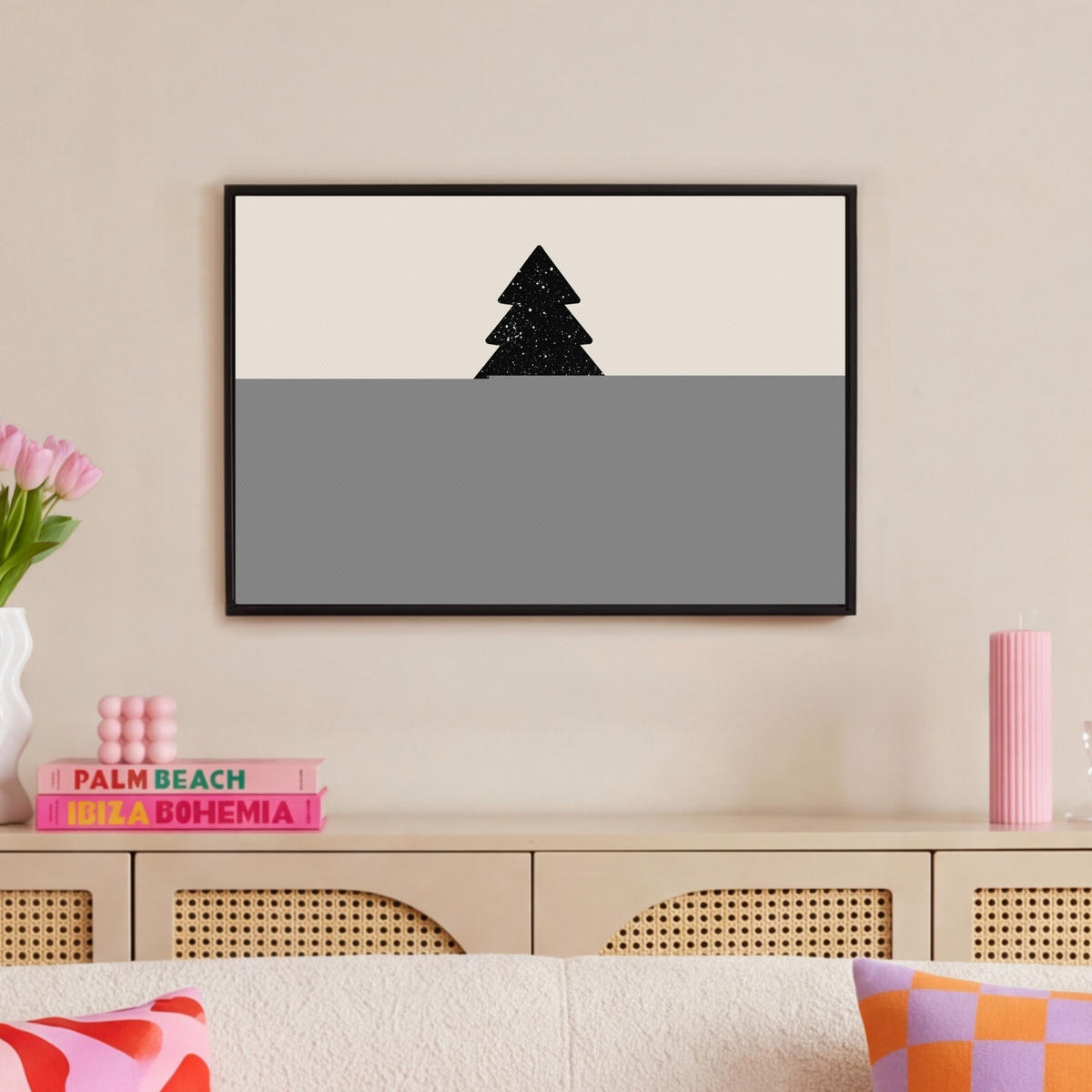 LEINWAND Bilder mit Rahmen - Weihnachtsbaum - Schwarz - Urlaub - Beige - 60x40 - Schwarz, Textil (60/40cm) - MuchoWow