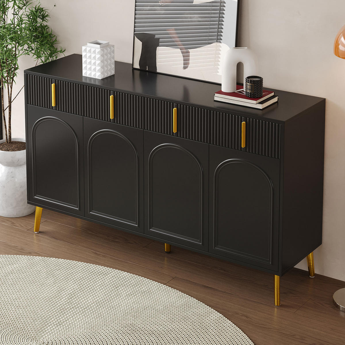 SIDEBOARD mit 4 Türen und 4 Schubladen, (MDF/Melamin), goldfarbenen Griffen und Beinen, 140/38/82 cm, Schwarz - Schwarz, Holzwerkstoff (140/82/38cm) - Redom