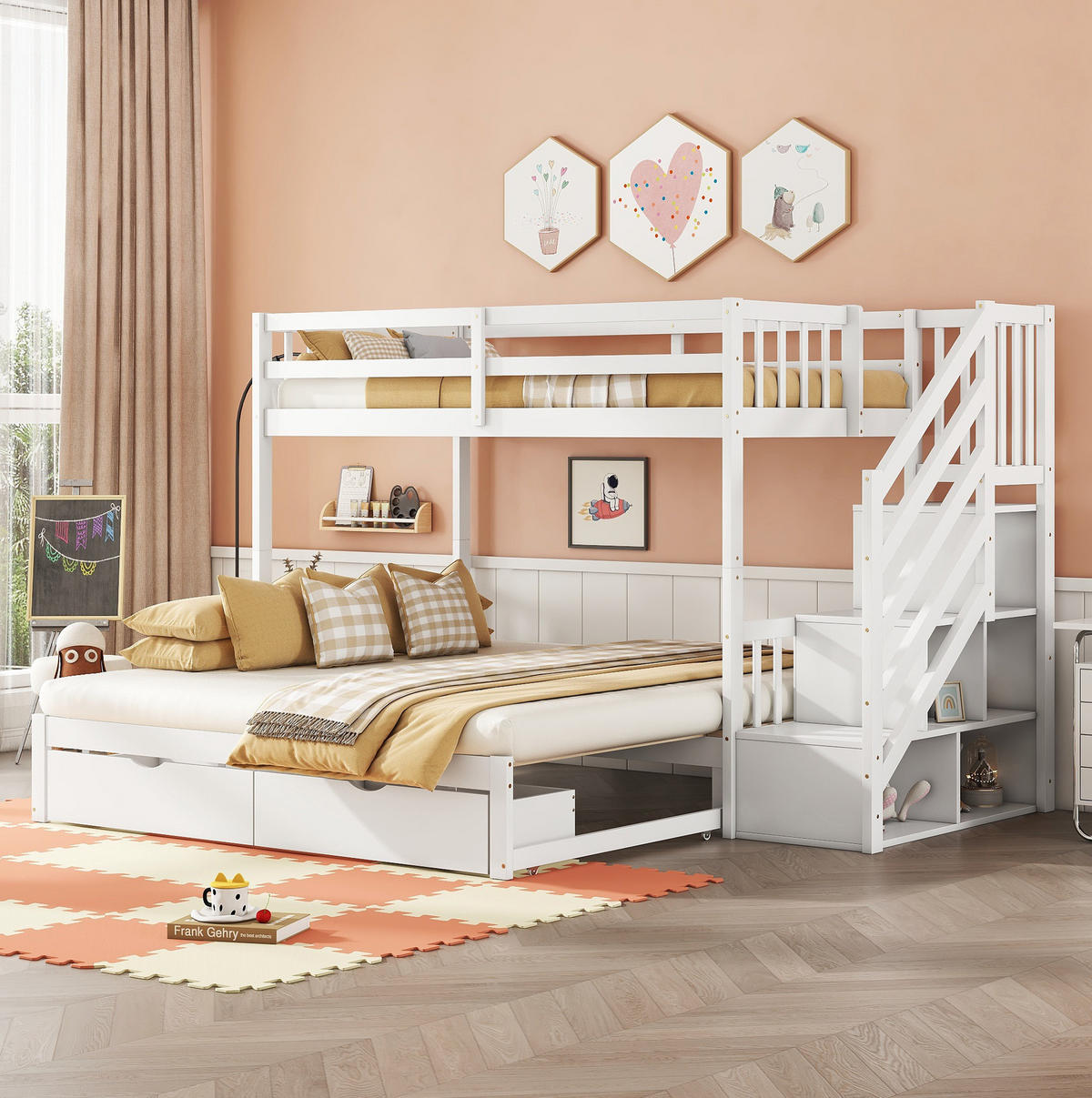 ETAGENBETT 90/200 cm Weiß mit Ausziehbett und zwei Schubladen aus Kiefernholz - Weiß, Holz (90/200cm) - OKWISH
