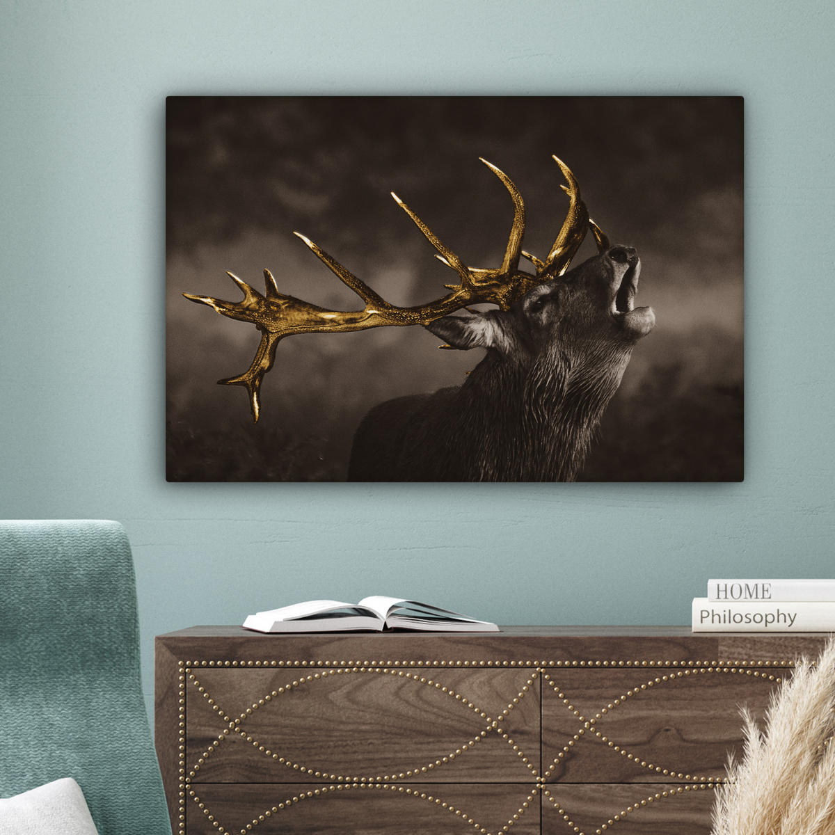 LEINWANDBILD Rotwild - Schwarz - Gold Gemälde 60x40 cm - Braun, Textil (60/40cm) - MuchoWow