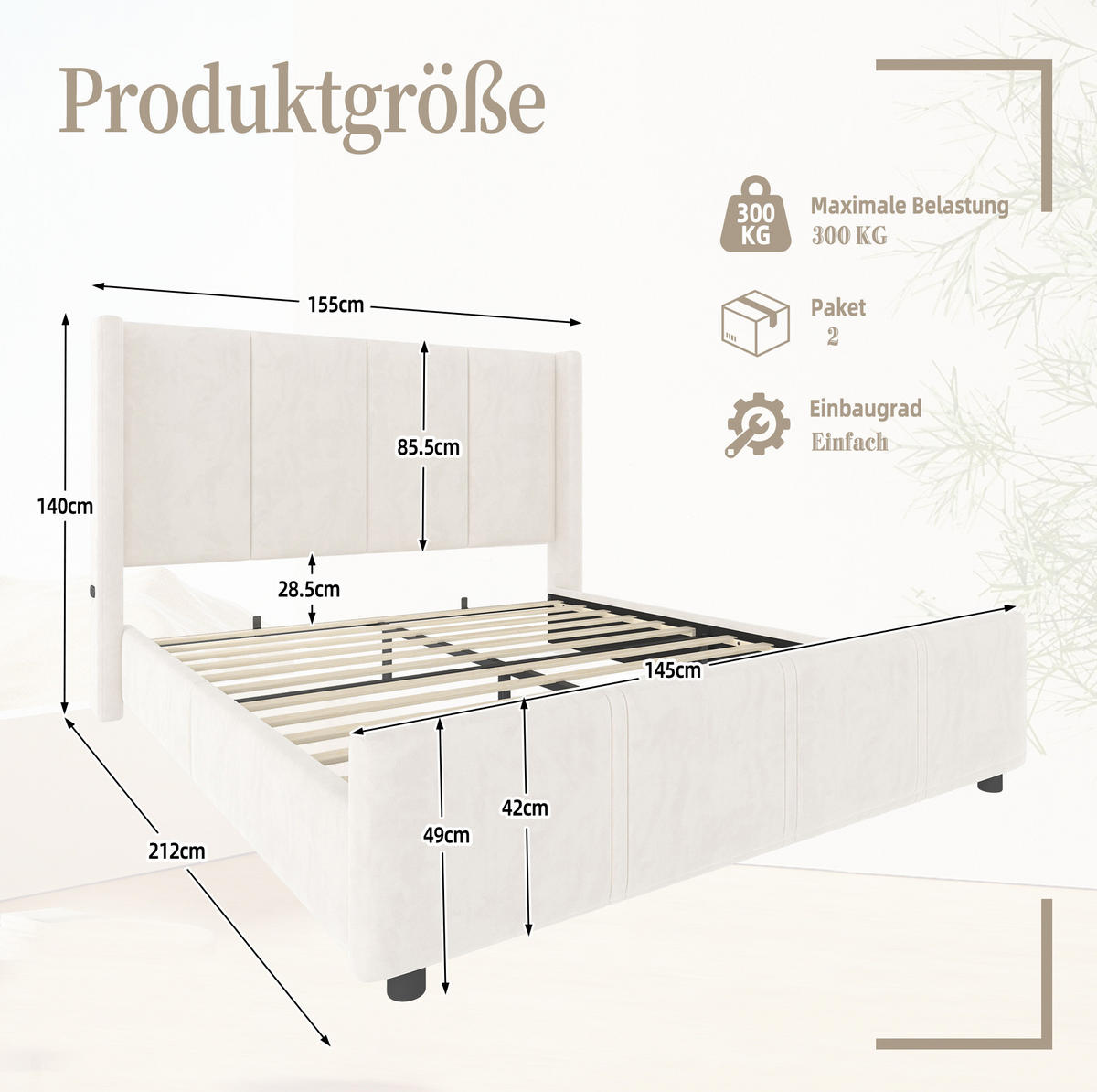 POLSTERBETT 140/200 cm aus Samt mit USB-Anschlüssen und hohem Kopfteil Beige - Beige, Textil (140/200cm) - Modenvie