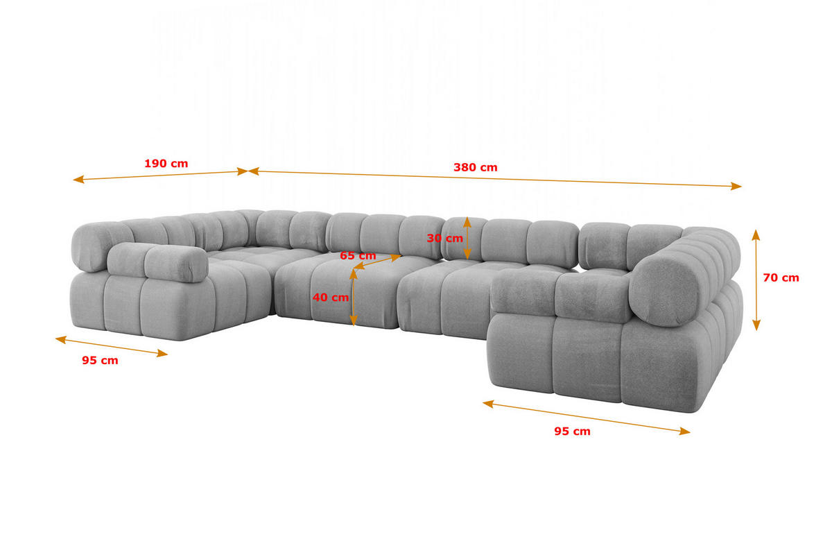 WOHNLANDSCHAFT modulares Sofa Birno-U2 - 380x190x70 cm Hellgrau Velours - Hellgrau, Holzwerkstoff/Textil (380/70/190cm) - ALTDECOR