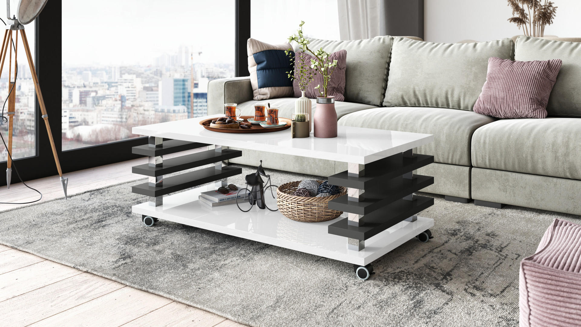 COUCHTISCH rechteckig Weiß Hochglanz - Anthrazit matt Ablage Rollen - Weiß Hochglanz/Anthrazit, Holzwerkstoff (60/120/45cm) - designimpex