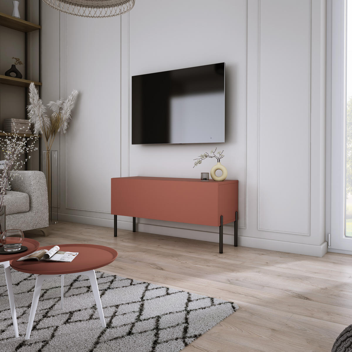 TV-SCHRANK : Ziegelrot, 100 x 52 x 32 cm, schwarze Beine - Rot/Schwarz, Holzwerkstoff/Metall (100/52/32cm) - 3XE LIVING