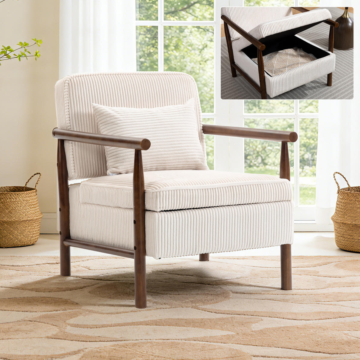 SESSEL Samt Weiß mit Stauraum und Kissen - Weiß, Holzwerkstoff/Textil (93/73/66cm) - WISHDOR