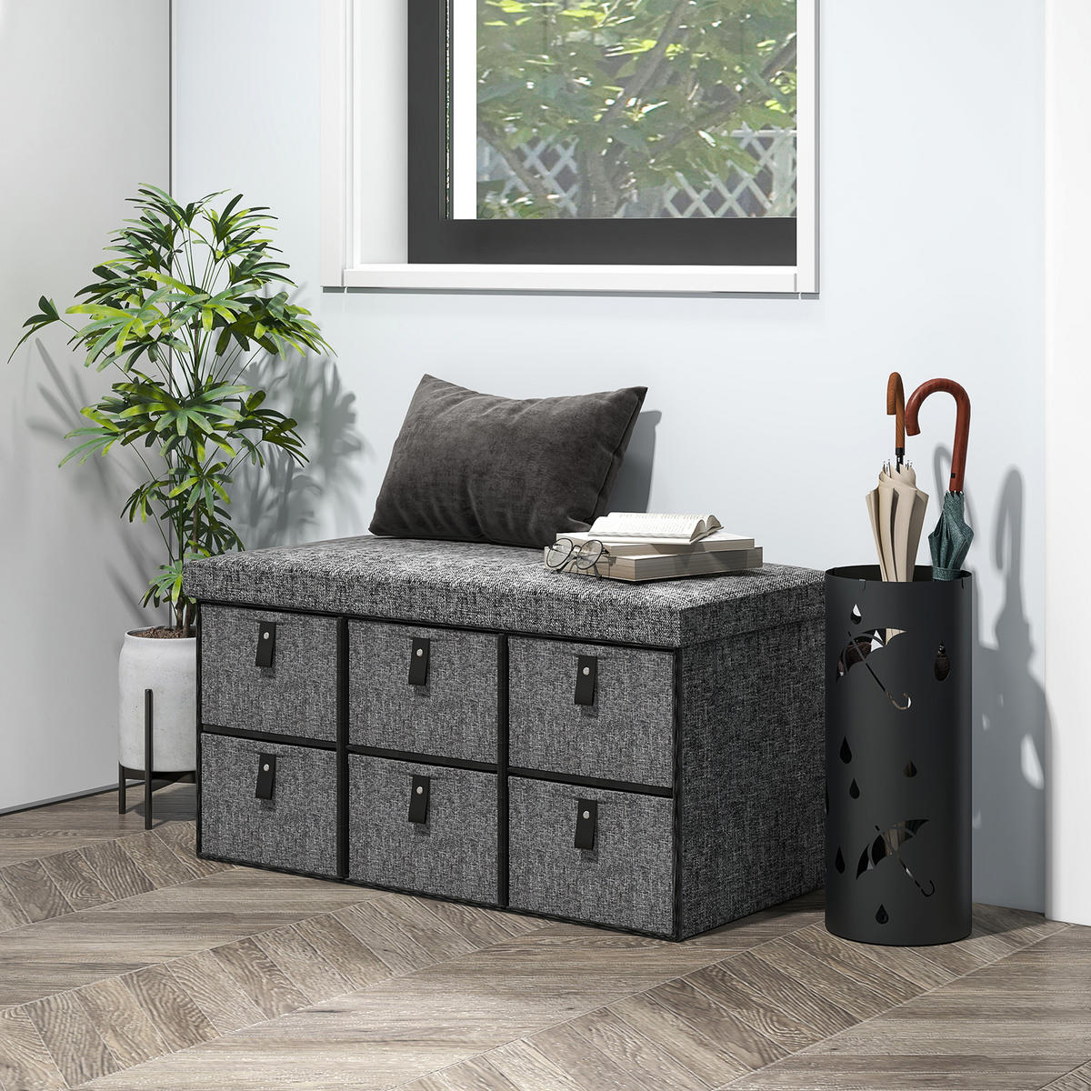 SCHUHBANK mit 6 Boxen, Dunkelgrau, 76,5 x 38 x 38 cm - Dunkelgrau, Textil (76.5/38/38cm) - HOMCOM