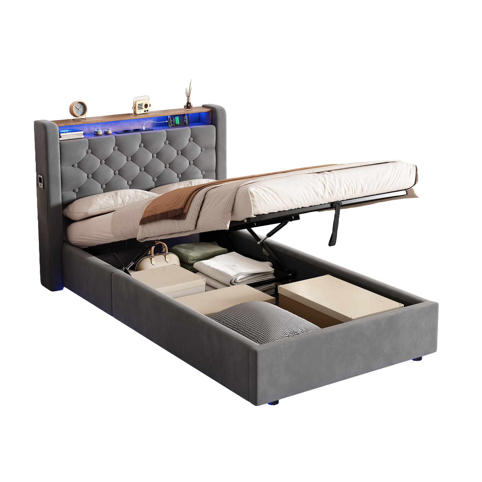 Redom ČALOUNĚNÁ postel 90x190 cm s hydraulickým lůžkovým boxem, zásuvkami, sklopným čelem postele, LED osvětlením, Šedá